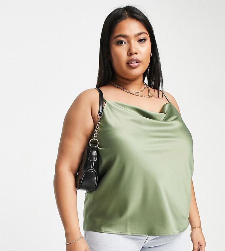 River Island Plus Satin Cowl Neck Cami In Khaki-green