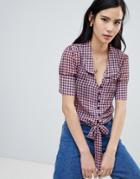 Nobody's Child Balloon Sleeved Shirt In Check With Tie Front - Red