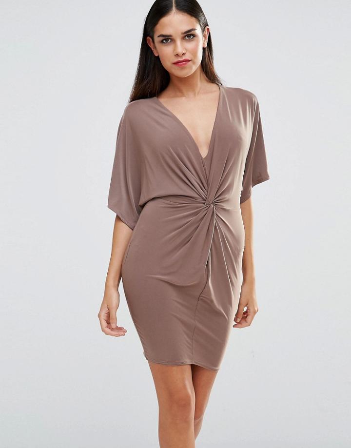 Club L V Neck Kimono Slinky Dress With Knot Front - Light Mocha