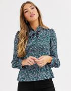 Fashion Union Bow Neck Blouse With Balloon Sleeve-green