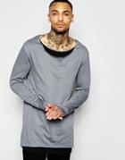 Asos Longline Long Sleeve T-shirt With Rib Underlayer - Gray