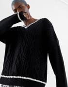 Collusion V-neck Cable Knit Sweater With Contrast Tipping - Black