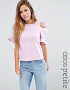 Asos Petite Clean Crepe Cold Shoulder Top With Tie And Ruffle Sleeve - Purple