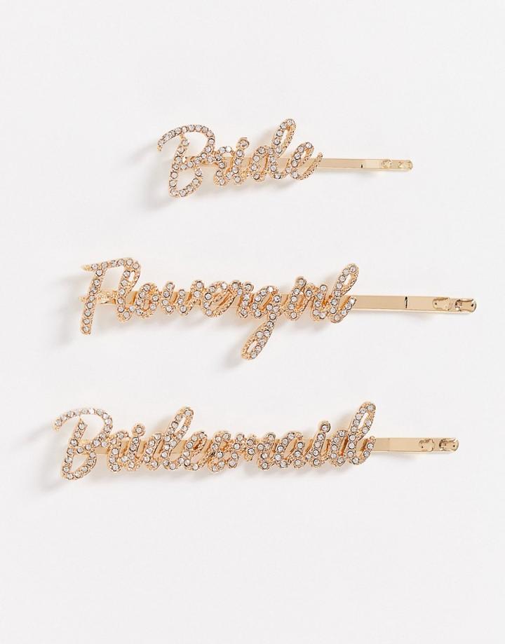 Asos Design 3-pack Bridal Hair Clips In Wedding Party Design-gold