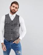 Asos Skinny Vest In Gray & Burgundy Wool Mix Check - Gray