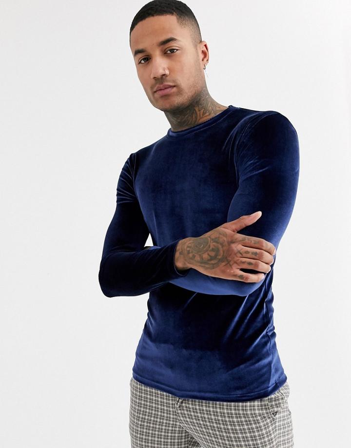 Asos Design Long Sleeve T-shirt In Velour In Navy