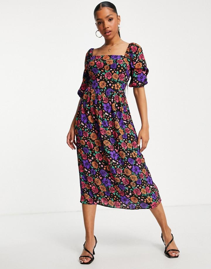 Miss Selfridge Sleeve Detail Midi Tea Dress In Bright Retro Floral Print-multi