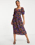 Miss Selfridge Sleeve Detail Midi Tea Dress In Bright Retro Floral Print-multi