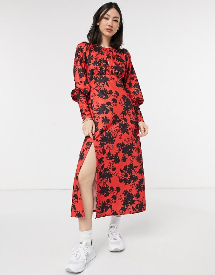 River Island Floral Split Front Midi Dress In Red