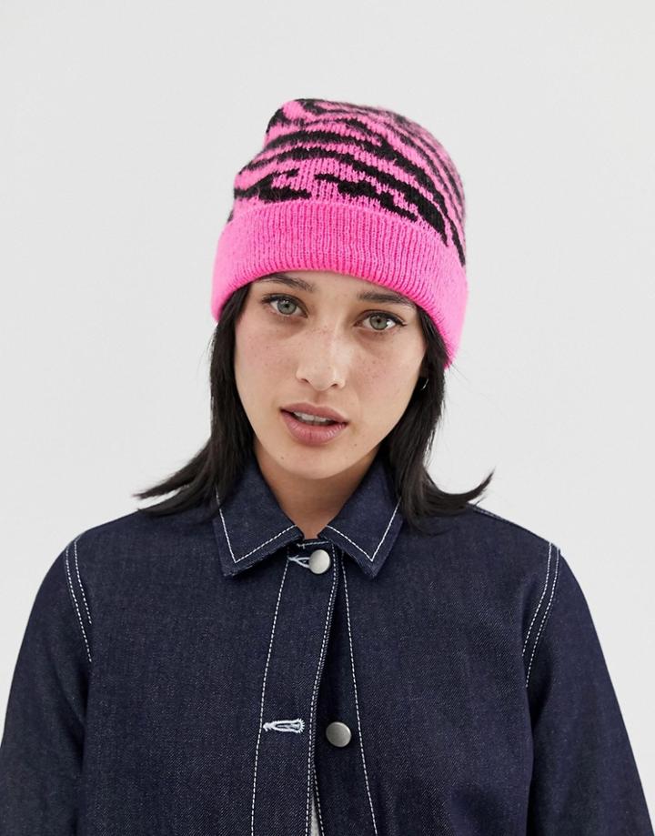 Asos Design Tiger Print Beanie In Neon - Pink
