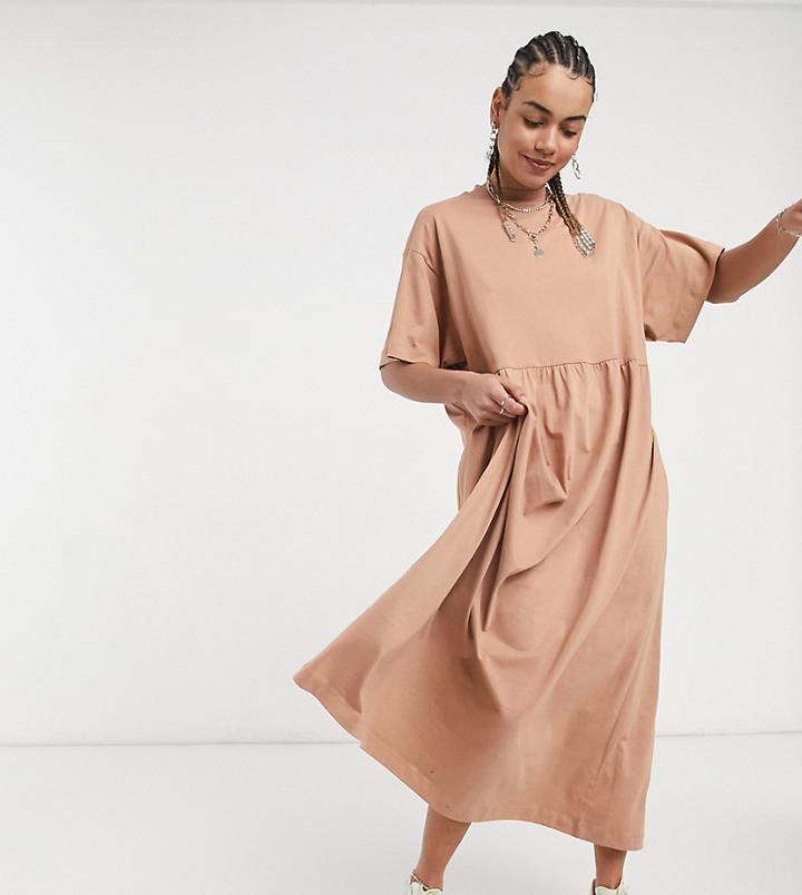 Collusion Maxi Smock Dress In Dark Beige-brown