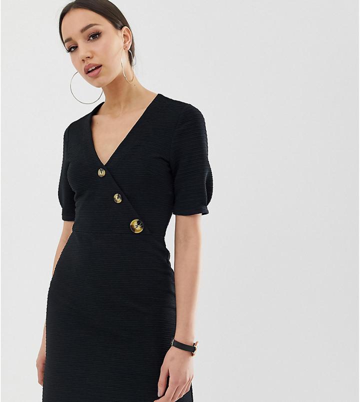 Asos Design Tall Mini Textured Pencil Dress With Faux Horn Buttons-black
