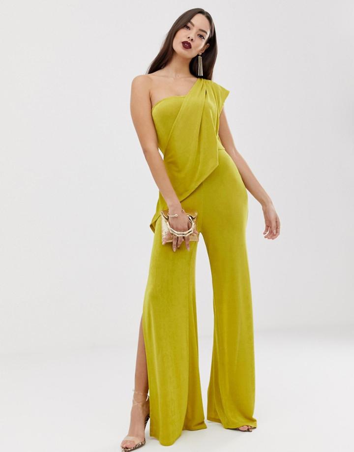Asos Design Slinky One Shoulder Jumpsuit With Split Leg-green