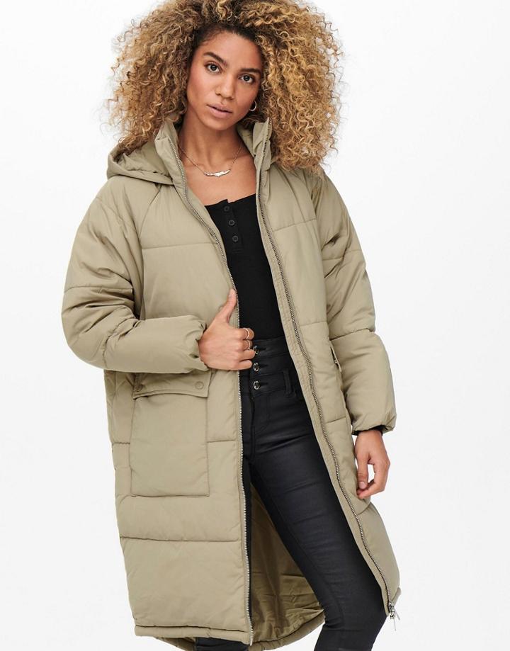 Only Padded Puffer Coat With Hood In Taupe-brown