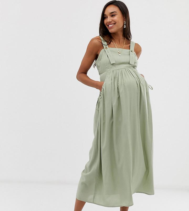 Asos Design Maternity Overall Midi Sundress With Pocket Detail - Green