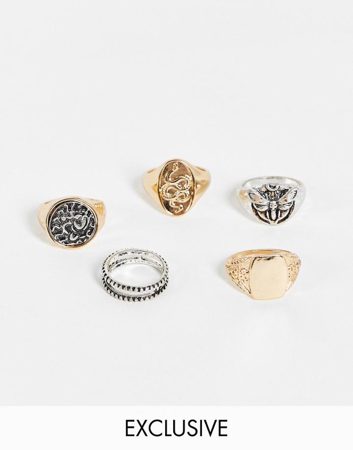 Reclaimed Vintage Inspired Ultimate Scenester Rings 5 Pack In Mixed Metal-multi