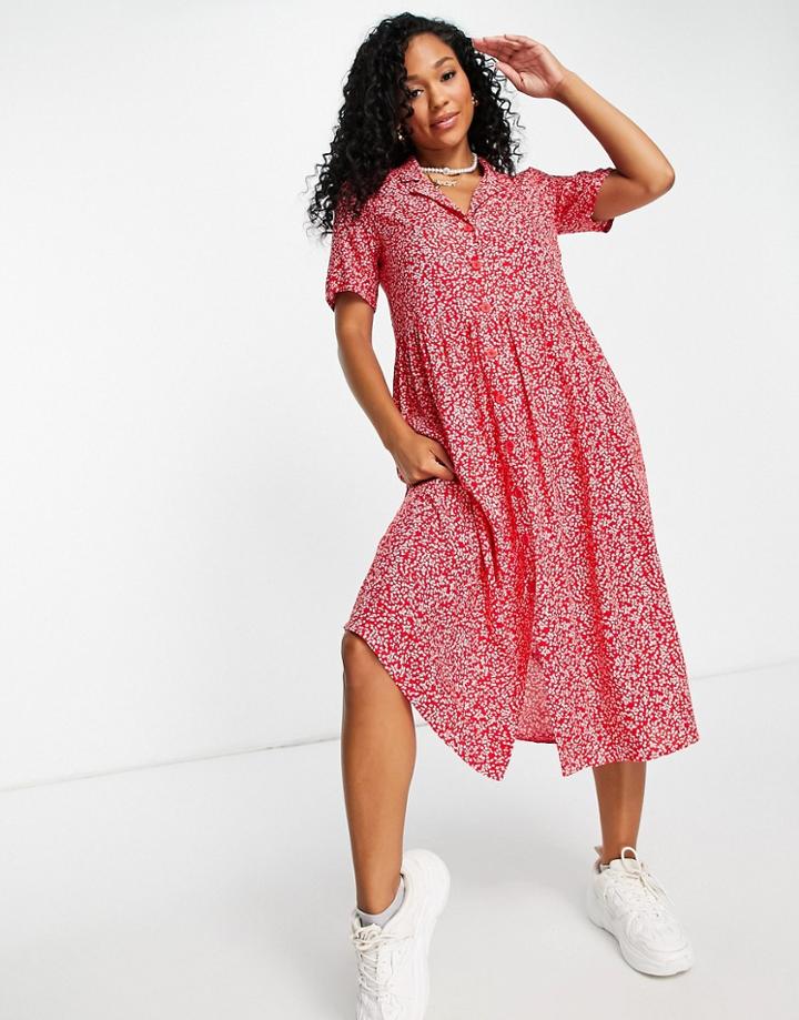 Monki Mattan Viscose Midi Shirt Dress In Red Floral Print - Red