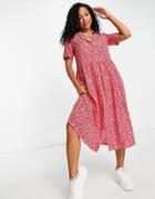 Monki Mattan Viscose Midi Shirt Dress In Red Floral Print - Red