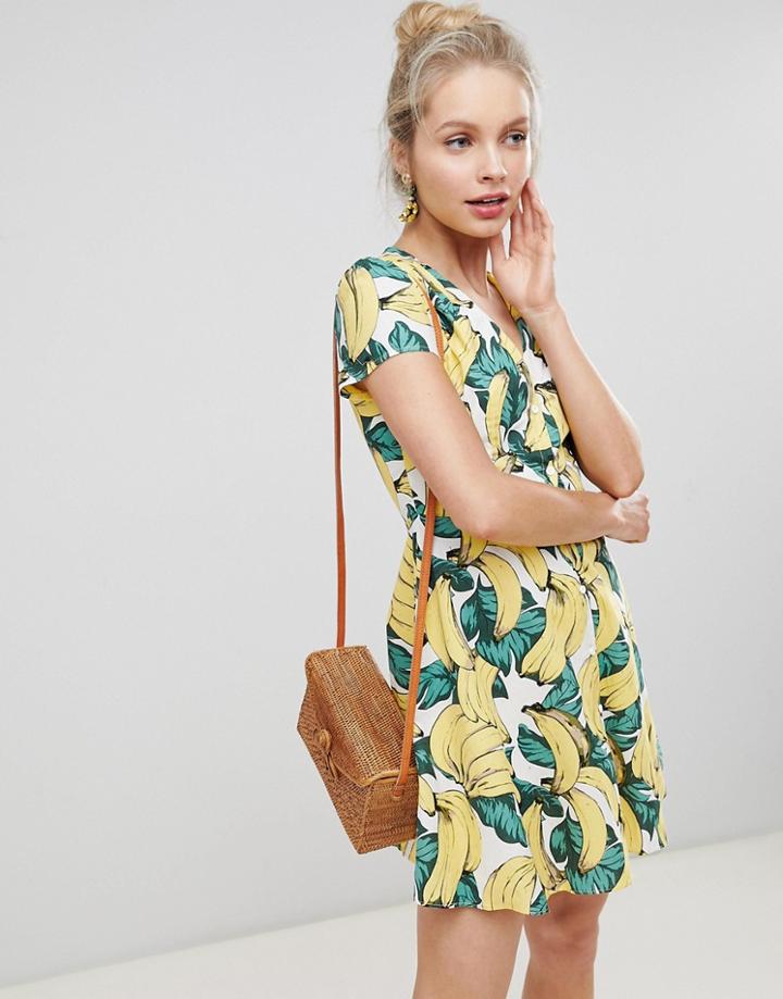 Glamorous Button Down Tea Dress In Banana Print
