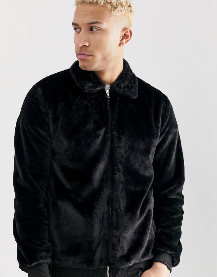Asos Design Harrington Jacket In Faux Fur In Black - Black