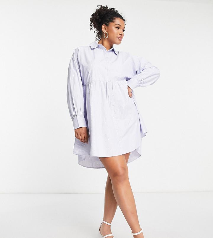 Simply Be Long Sleeve Striped Shirt Smock Dress In Blue
