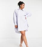 Simply Be Long Sleeve Striped Shirt Smock Dress In Blue