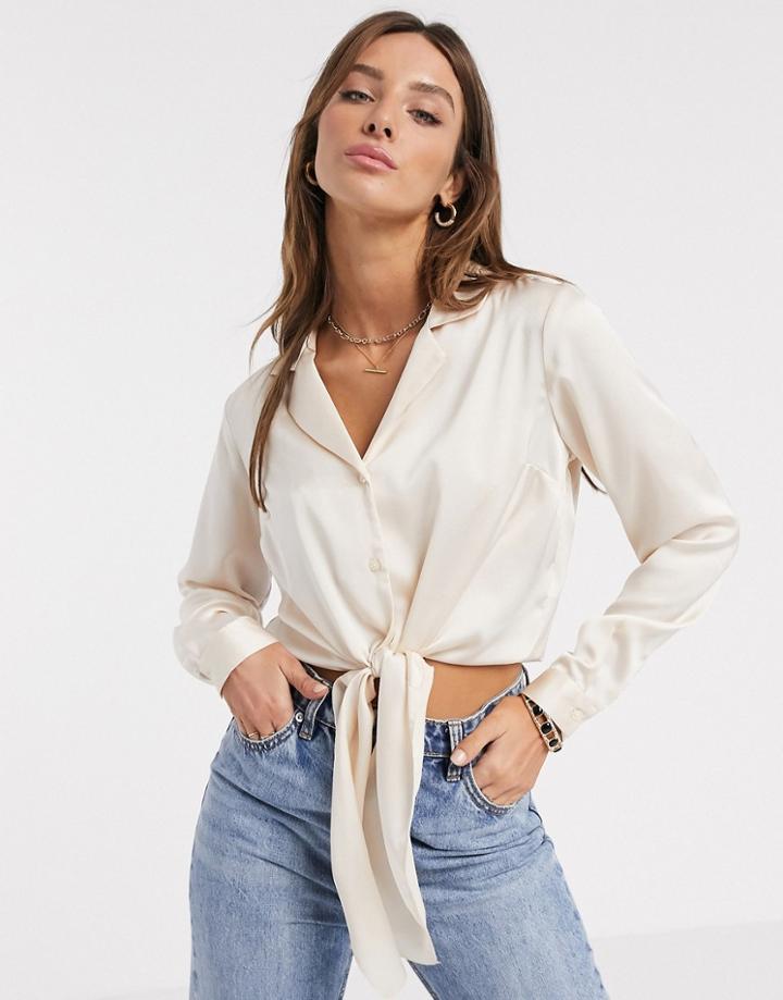 Asos Design Long Sleeve Satin Shirt With Tie Front In Oyster-white