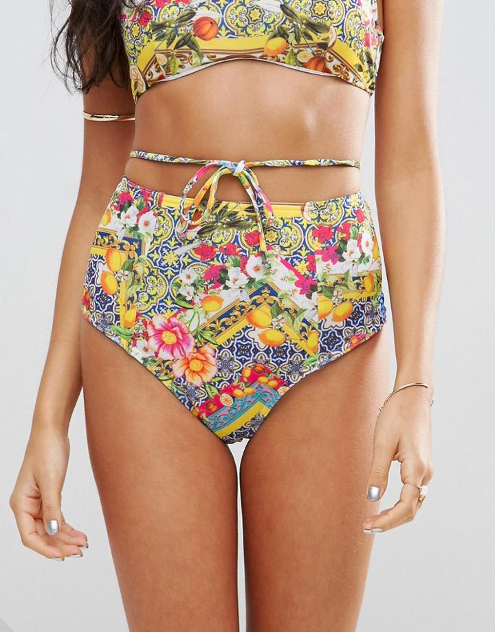 Asos Design Cuban Tile Print High Waist Bikini Bottom-multi