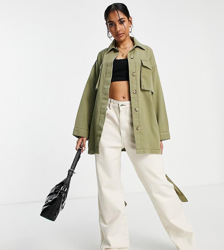 Topshop Petite Belted Utility Lightweight Shirt Jacket In Khaki-green