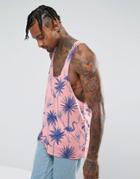 Asos Extreme Racer Back Tank With Raw Edge And All Over Palm Print In Pink - Pink