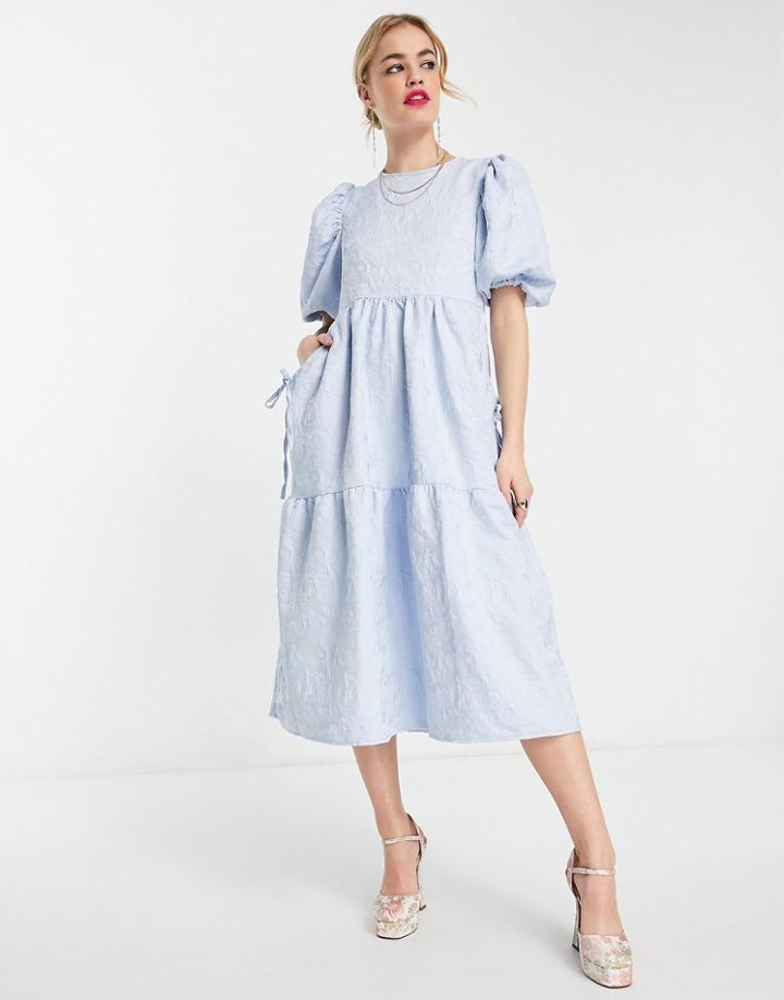 Asos Design Jacquard Tiered Midi Dress With Bellow Pockets In Pastel Blue