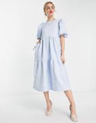 Asos Design Jacquard Tiered Midi Dress With Bellow Pockets In Pastel Blue