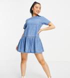 Asos Design Petite Soft Denim Smock T-shirt Dress In Midwash-blues