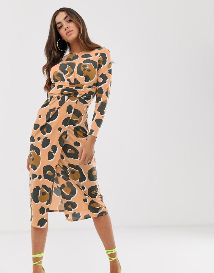 Asos Design Midi Dress With Cut Out Side In Tonal Animal Print-multi