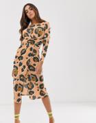 Asos Design Midi Dress With Cut Out Side In Tonal Animal Print-multi