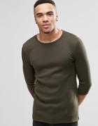 Asos Rib Extreme Muscle 3/4 Sleeve T-shirt In Khaki - Green