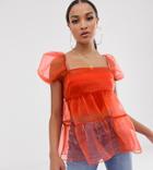 Asos Design Short Sleeve Tiered Organza Top With Ruffle Detail-purple
