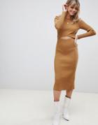 Asos Design Cut Out Ribbed Midi Dress - Beige