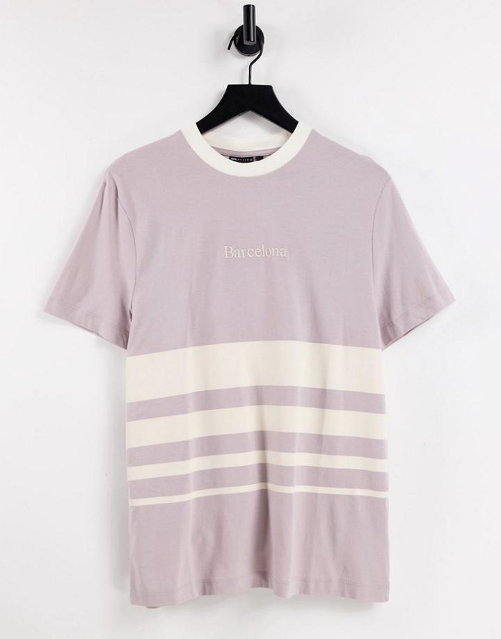 Asos Design T-shirt In Lilac Color Block With Barcelona City Embroidery Print-grey