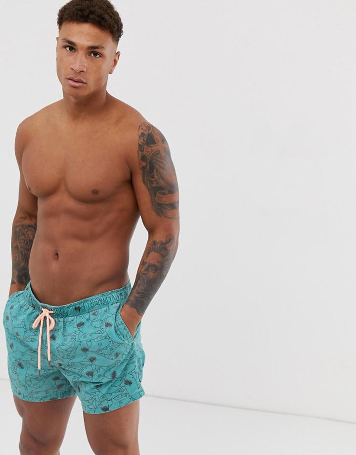 Pull & Bear Swim Shorts With Shark Print In Blue - Blue