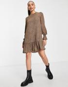 Ax Paris Long Sleeve Smock Dress In Leopard-multi