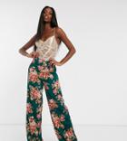 Missguided Tall Satin Wide Leg Pants In Teal Floral-green