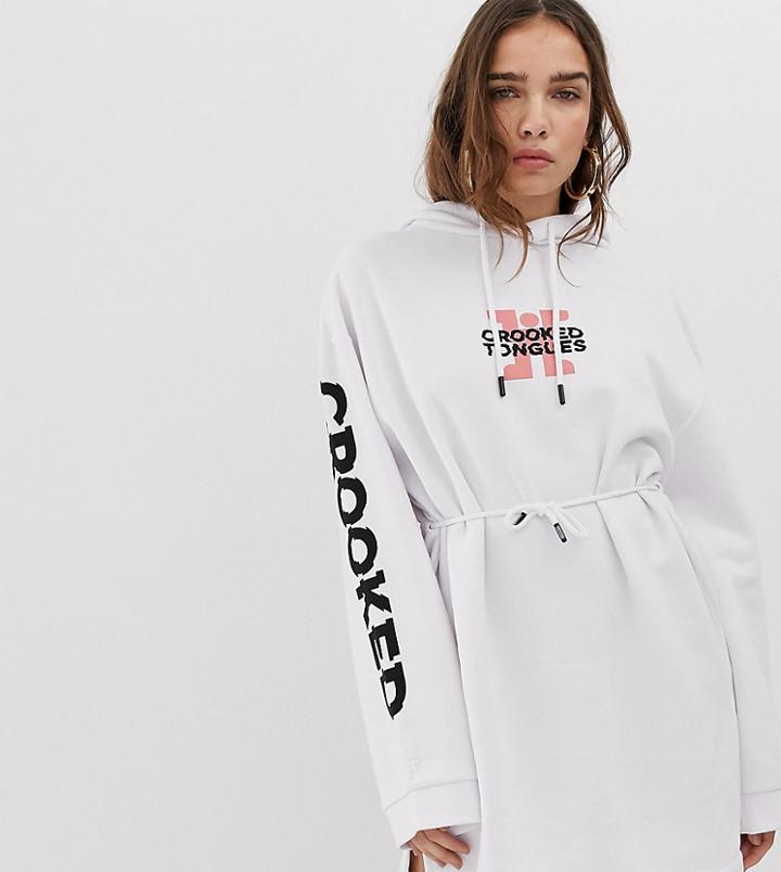 Crooked Tongues Oversized Hoodie Dress Logo Print And Drawcord Back - Black