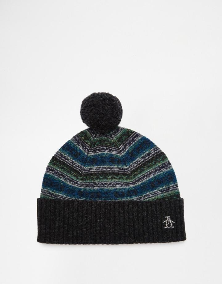 Original Penguin Fairisle Wool Bobble Hat - Gray