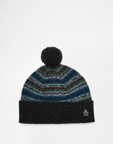 Original Penguin Fairisle Wool Bobble Hat - Gray