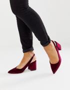 Asos Design Samson Slingback Mid Heels In Burgundy Velvet-red