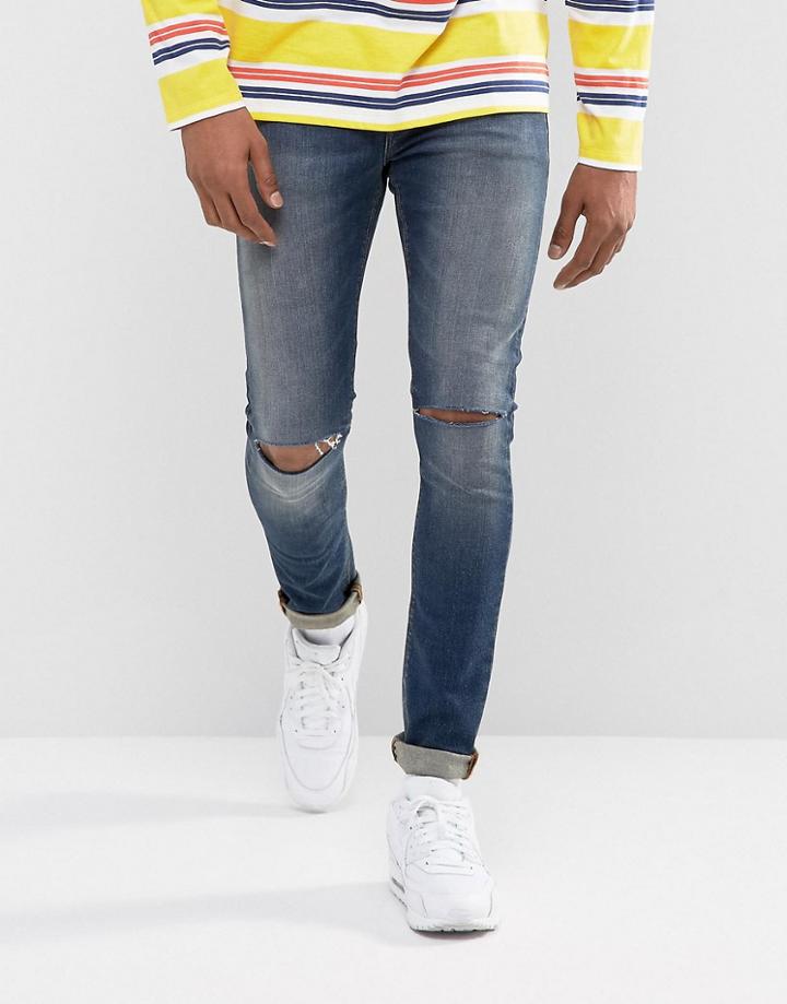 Asos Super Skinny Jeans In 12.5oz Dark Wash Blue With Knee Rips