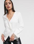 Asos Design Long Sleeve Tux Wrap Top With Rhinestone Fringe-white