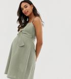 Asos Design Maternity Square Neck Linen Mini Sundress With Contrast Stitch And Buckle - Green