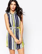 Parisian Sleeveless Shirt Dress In Mixed Stripe With D Ring Belt - Yellow